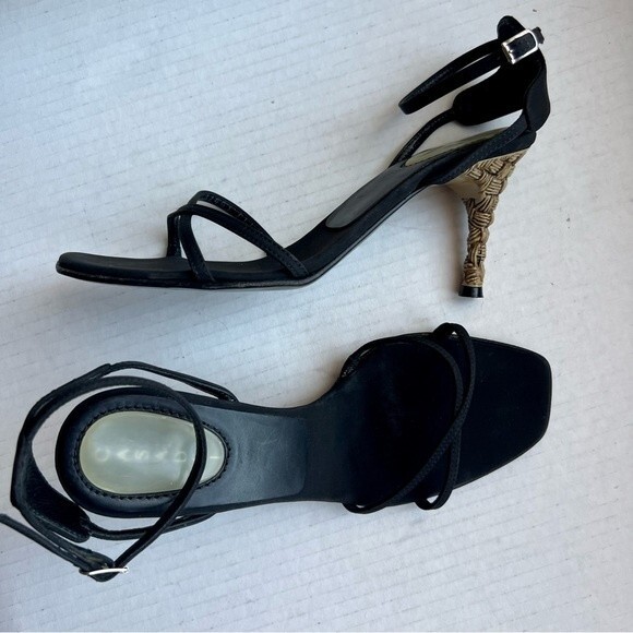 Casadei‎ Black Sandals w/ Ankle Strap & Rattan Bamboo Look Heels Women Sz US 4.5 - Picture 12 of 15